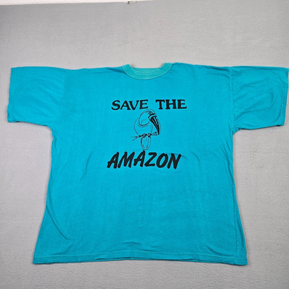 Vintage Save The Amazon Rainforest T-Shirt XL‎ Turquoise Environmental Graphic